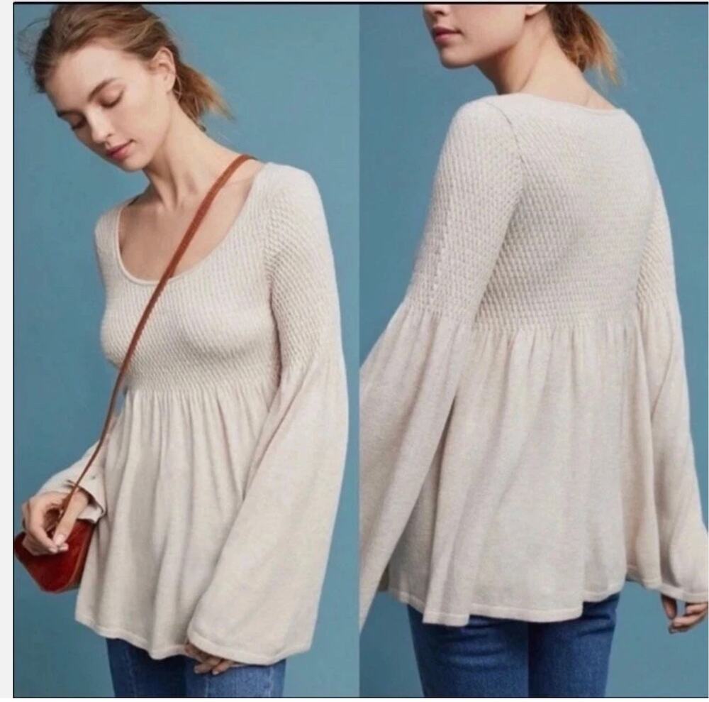Anthropologie Knitted & Knotted Esme Bell Sleeve Sweater Small Cream Tan
